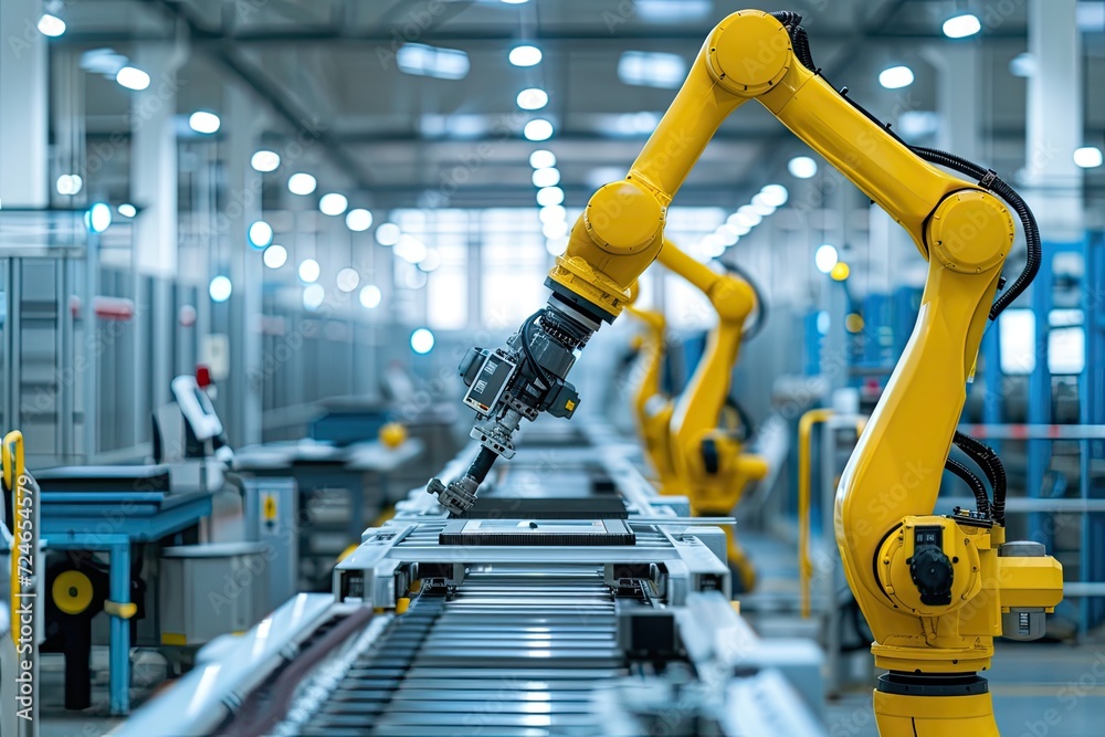 Fototapete Robotic arm for electronic assembly line. Smart modern factory automation using advanced machines.