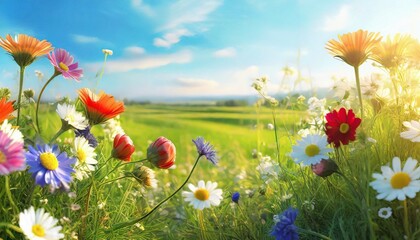 a bunch of flowers on a sunny day with a meadow background
