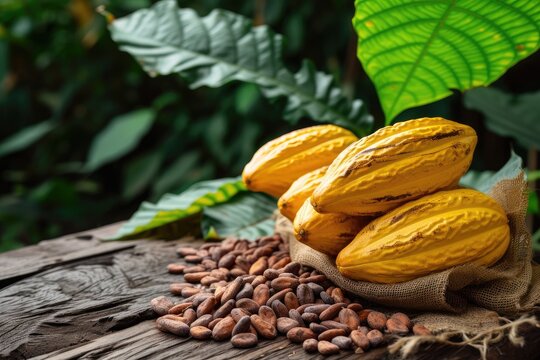 Cocoa beans and pods on wooden table with plant backdrop