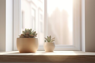 Beige tabletop with a small succulent planter pot close to a light window in a cozy white room. isolated window to modify the scene outside