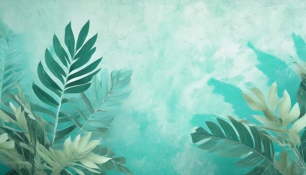 drawing of tropical leaves in the style of wall plaster in turquoise tones
