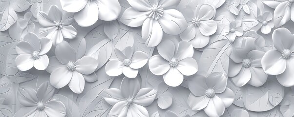 White bright abstract floral flowers leaves 3d tiles wall texture background banner panorama, flower leaf pattern illustration. Generative AI