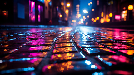 Rain-soaked Sidewalk Reflecting Neon City Lights at Night., Reflections of lights on the wet road surface paving stones after rain night in big city background