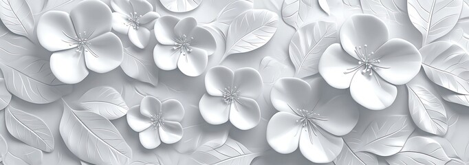 White bright abstract floral flowers leaves 3d tiles wall texture background banner panorama, flower leaf pattern illustration. Generative AI