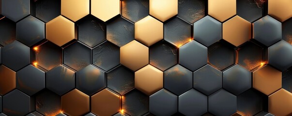 Abstract futuristic luxurious digital geometric technology hexagon background banner illustration 3d - Glowing gold, brown, gray and black hexagonal 3d shape texture wall, Generative AI