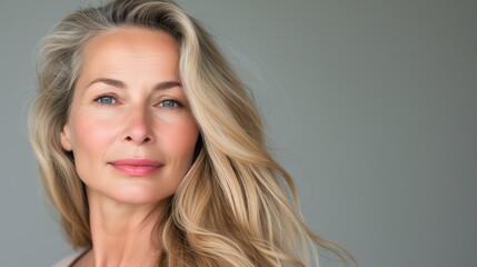 Naklejka premium Smiling sophisticated 50s middle aged blond business woman looking at camera. Happy mature elegant old lady professional businesswoman posing on grey. Headshot close up portrait