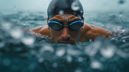 Fototapeta premium Swimming. Man swimming crawl. Male freestyle swimmer crawling doing crawl-swimming stroke in pool wearing swimming goggles and swim cap. Sport fitness model close up
