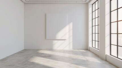 Large blank white empty frame on the wall in a minimalist room