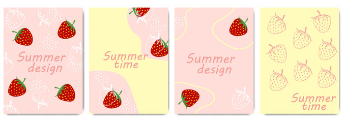 Fototapeta na wymiar Collection of colorful retro cards on the summer berry strawberry. Line Art Design with Summer red berry. Templates for celebration, ads, branding, banner, cover, label, poster
