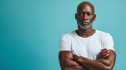 Single handsome mature African man with folded arms over blue background with copy space