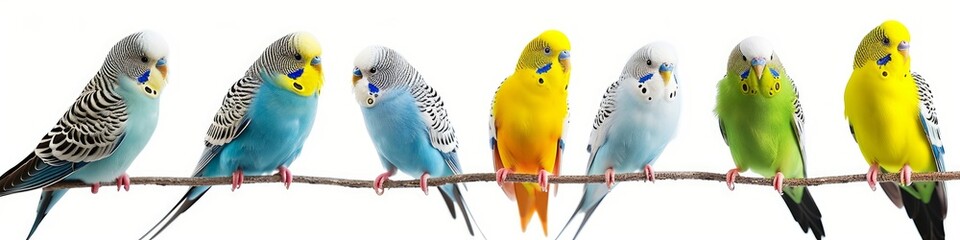 Animals pets budgies birds banner panorama long - Collection of cute sitting and flying budgie (melopsittacus undulatus) bird, isolated on white background, Generative AI