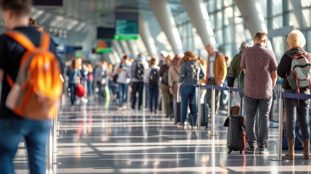 Travel, queue and wait with man in airport for vacation, international trip and tourism. Holiday, luggage and customs with passenger in line for airline ticket, departure and flight transportation