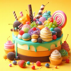 Colorful delicious beautiful cake isolated on a bright yellow background. Tasty dessert food concept in minimalism style. Realistic 3D render. Wide screen wallpaper, for design and banners.
