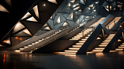 Simplicity and rawness converge in architectural design featuring stairs and depth perception., 
