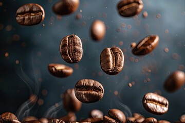 Coffee beans flying on a dark surface