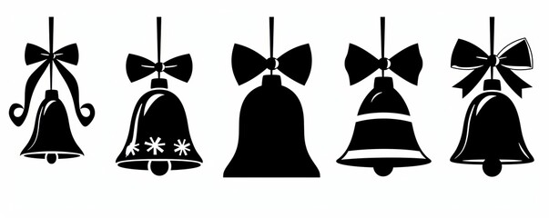 Christmas tree decoration symbol ornament  illustration - Set collection of black silhouette of christmas bells with a bow made of gift ribbon, isolated on white, Generative AI