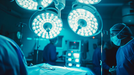 View from the operating table to bright surgical lamps, silhouettes of doctors. Health insurance concept. Generative AI