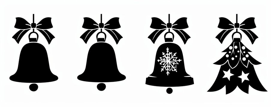 Christmas tree decoration symbol ornament  illustration - Set collection of black silhouette of christmas bells with a bow made of gift ribbon, isolated on white, Generative AI