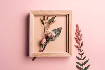 Photo frame made of wood and a dried flower with a soft pink background. Lay flat. For text only