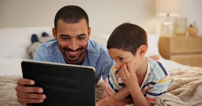 Bed, selfie and father with boy, tablet and silly face with fun and playing on a weekend break. Parent, family and dad with son and technology with digital app and home with comedy and goofy with joy