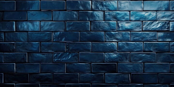 Dark blue brick subway tiles ceramic wall texture wide tile background banner panorama, Generative AI
