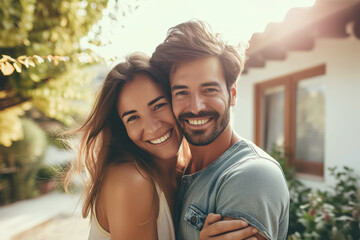 Fototapeta premium A young, happy couple, smiling, embracing each other, standing in front of their new home. A cozy, welcoming house with a small garden