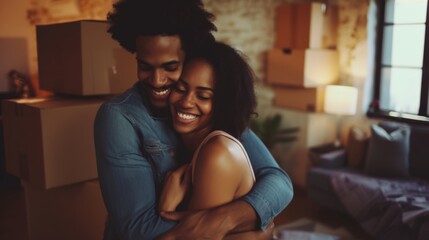 A young, happy couple, smiling, embracing each other, standing in modern city apartment interior, surrounded by moving boxes on background