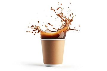 Coffee splashing out of an isolated paper cup on a white background