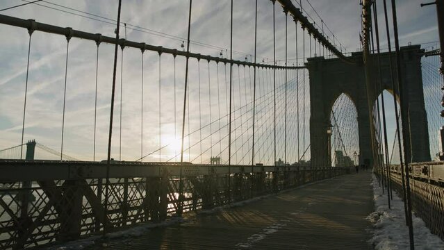 Empty footpath on Brooklyn Bridge on cold morning, New York City, NY, USA.