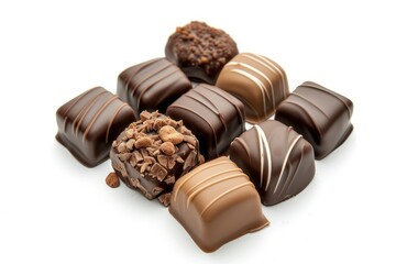 Collection of chocolate candy on white background with depth of field