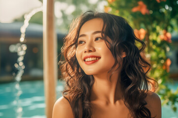 Young beautiful asian woman by the pool