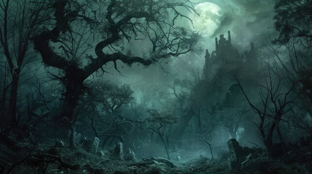 Forest full of darkness with mysterious ancient ruins in the fog