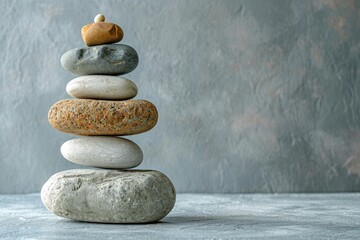Concept of harmony and balance portrayed by a balancing pyramid of sea pebbles on gray background resembling scales with stones