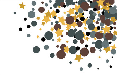 Gold, blue, brown, black confetti with circles and stars. Cosmic shine. Christmas abstract pattern. Beautiful illustration for postcard, banner, web. Background for the image. Vector illustration