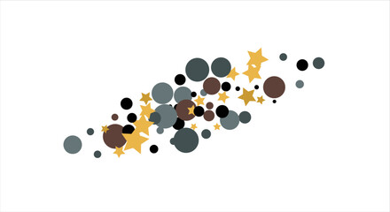 Gold, blue, brown, black confetti with circles and stars. Cosmic shine. Christmas abstract pattern. Beautiful illustration for postcard, banner, web. Background for the image. Vector illustration