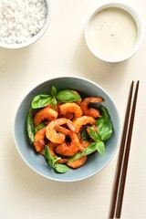Roasted prawn with basil leaves