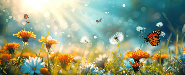 Fototapeta na wymiar Sunny Meadow: Vibrant Blossoms Amidst Greenery and Blue Skies