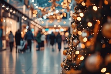 Shopping mall decorated for Christmas time. Crowd of people looking for presents and preparing for...