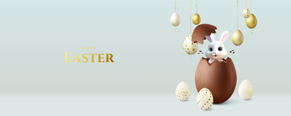 Easter greeting card with bunny and easter eggs.	