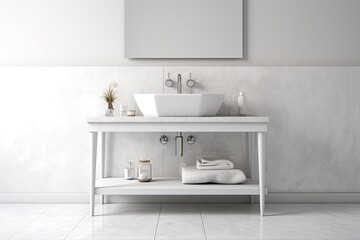 Fototapeta na wymiar White washstand with white plastic background. Mockup
