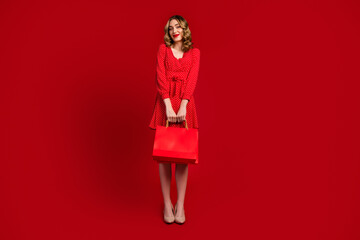 Full size portrait of pretty elegant slim girl hands hold store mall bag empty space isolated on red color background