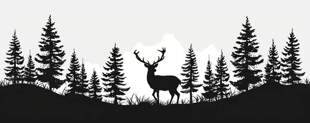 Foto op Canvas Black silhouette of deer and forest fir trees camping landscape panorama illustration icon  for logo, isolated on white background, Generative AI © Pixel Visions