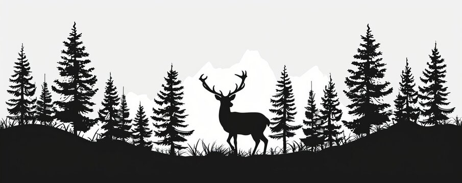 Black silhouette of deer and forest fir trees camping landscape panorama illustration icon  for logo, isolated on white background, Generative AI