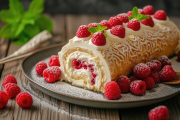 Cream cheese filled Swiss roll adorned with fresh raspberries