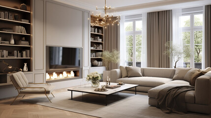 Naklejka premium A large spacious living room in a modern style. Interior with a large gray sofa, coffee table, big windows, fireplace in front of the sofa in stylish home decor