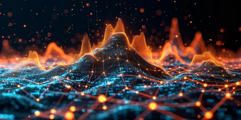 Foto op Aluminium Digital mountains with glowing nodes, a visual representation of data landscape © RuslanWowAI