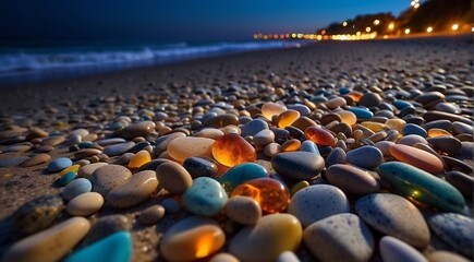 Fototapeta na wymiar beautiful beach colored stones in the beach side with waves at the night, phosphorus stones, colored beach stones background