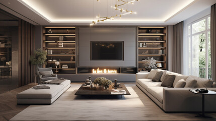 A large spacious living room in a modern style. Interior with a large gray sofa, coffee table, big windows, fireplace in front of the sofa in stylish home decor
