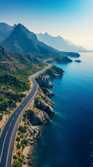 Aerial view of asphalt road highway along mountain peaks and a blue ocean, sun shine. Travel concept. Generative AI