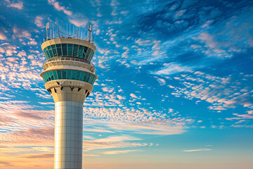 Air traffic control tower against vibrant sunrise sky with clouds